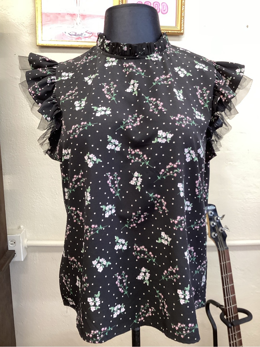 Black Floral Ruffle Sleeve Blouse